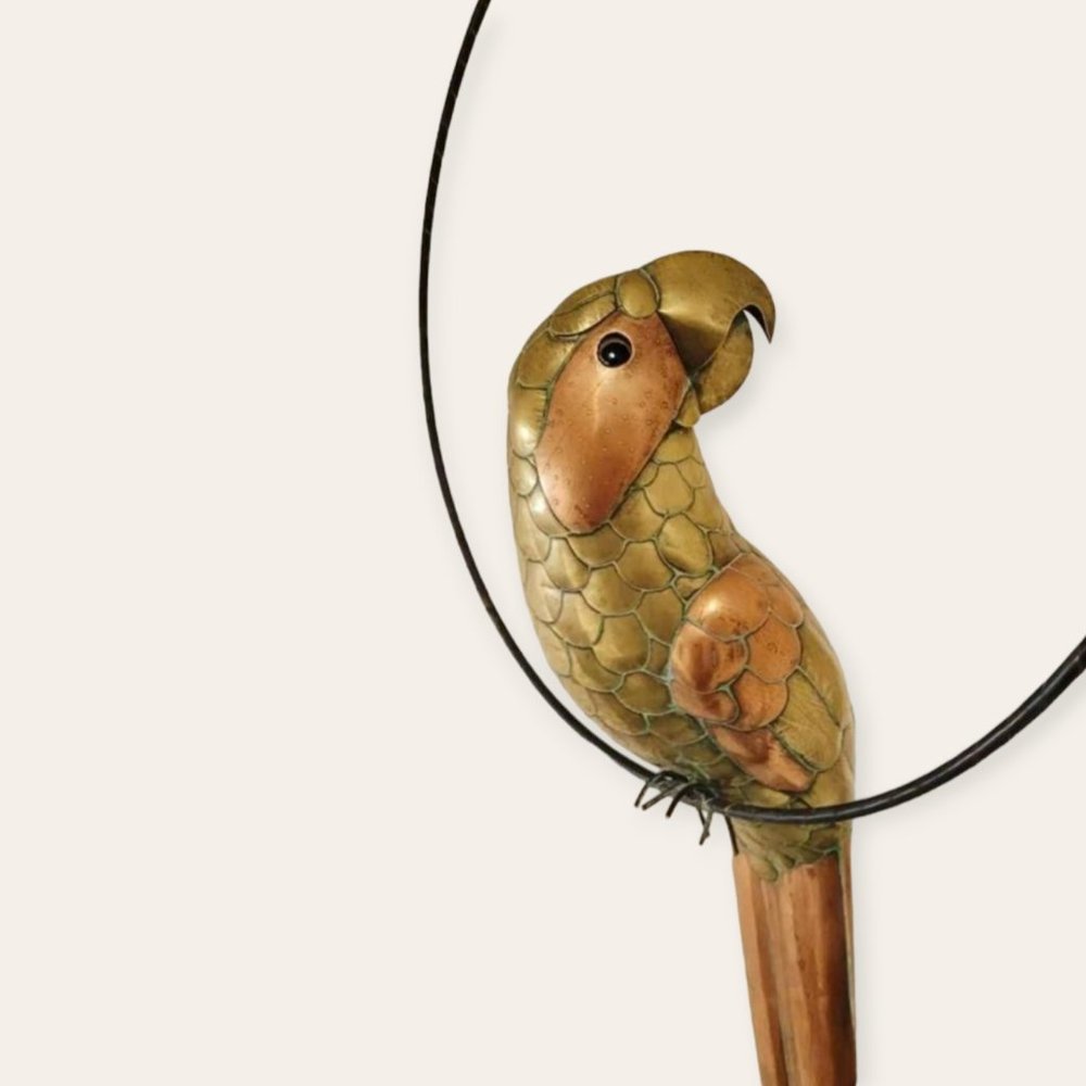 Sergio Bustamante Brass Copper Parrot Sculpture on Circular Stand, 1960s